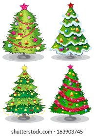 Illustration of the four decorated Christmas trees on a white background