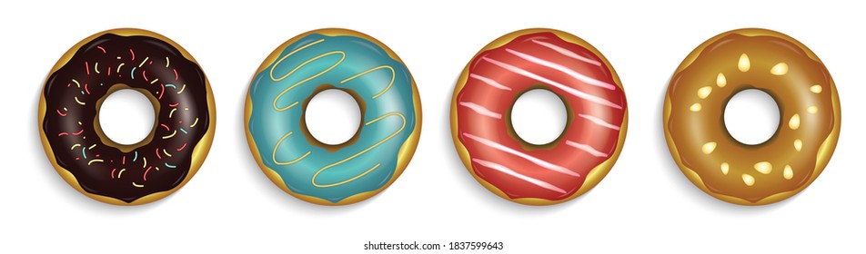 Illustration of four delicious donuts with various toppings, isolated on white background. Vector stock.