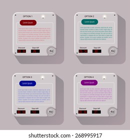 Illustration of four devices with empty space for any texts, equipped with the buttons "Buy" and screens with prices and discounts.