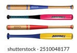 An illustration of four different baseball bats, each uniquely designed with vibrant colors and patterns. The bats range from traditional wooden designs with colored grips to modern, sleek versions