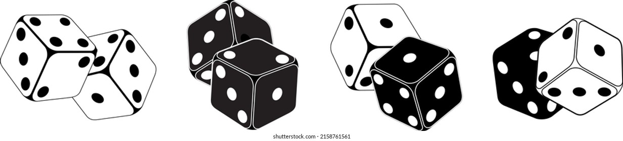 An illustration of four different black and white pairs of dices on a white background 