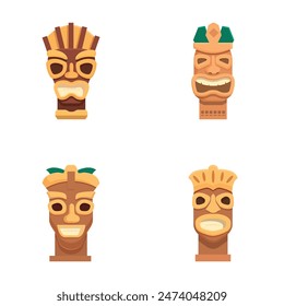 Illustration of four different cartoon tribal masks with various designs and expressions
