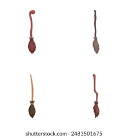 Illustration of four different cartoonstyle witch broomsticks, isolated on white background