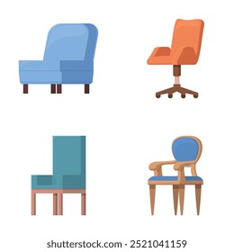 Ilustração de quatro cadeiras diferentes, variando de estilos modernos a clássicos, isolados em um fundo branco