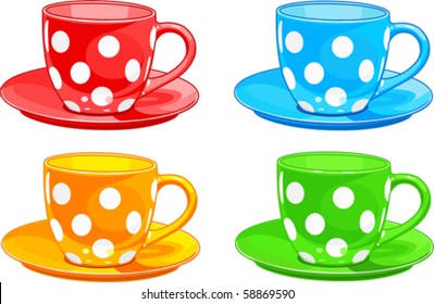 Illustration of four different color Cups and saucers