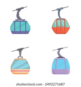 Illustration of four different colored cable car cabins on a white background
