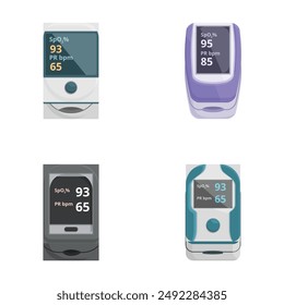 Illustration of four different designs of pulse oximeters, used for measuring blood oxygen saturation and pulse rate