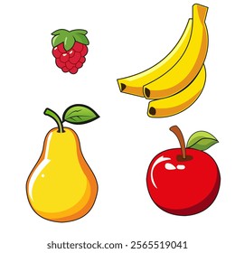 Illustration of four different fruits, including a pear, an apple, a banana, and a raspberry