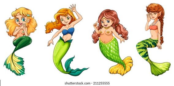 Illustration of four different mermaids