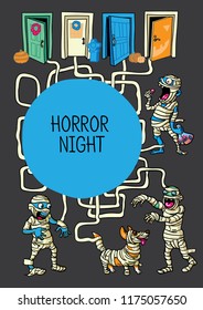 Illustration with four different mummies that walk on Halloween. Dark background