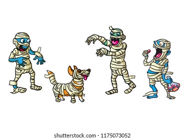 Illustration with four different mummies that walk on Halloween. Isolated from background