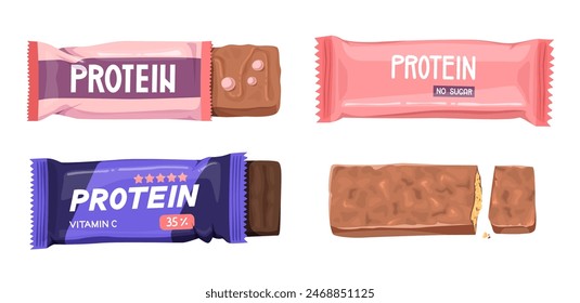 Ilustración de cuatro barras de proteína diferentes en varios paquetes y formas. Diseño de Vector para el concepto de nutrición de salud y fitness.