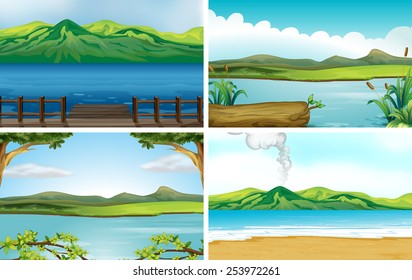 Illustration of four different scene of lakes