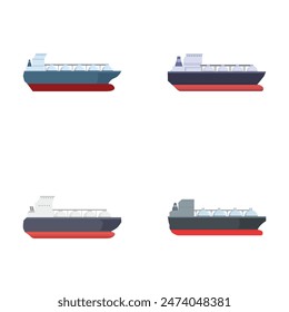 Illustration of four different styles of cargo ships, isolated on a white background