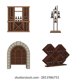 Illustration of four different styles of wine storage furniture including wooden cabinets and modern stands