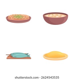 Illustration of four different types of dishes, including soup, fish, and pie