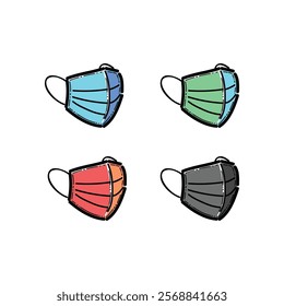 Illustration of four differently colored face masks arranged in a minimalistic layout on a white background. Mask represents distinct colors, symbolizing healthcare, safety, and preventive measures.