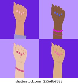 Illustration of four diverse women’s fists raised in solidarity, symbolizing empowerment, equality, and strength on purple backgrounds.