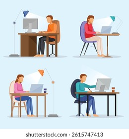 Illustration of four diverse individuals working remotely from their home offices, showcasing various work setups and devices.