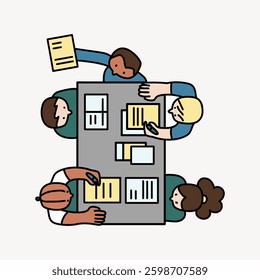 Illustration of four diverse people around a table, collaborating on documents. Teamwork, collaboration, and diverse group sharing ideas at a table. Doodle illustration vector.