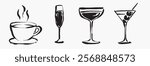 Illustration of four drink icons: a steaming coffee cup, a champagne flute, a cocktail glass, and a martini glass with olives. Simple, black and white drink icons. Element vector collection.