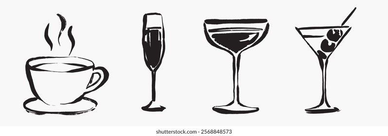 Illustration of four drink icons: a steaming coffee cup, a champagne flute, a cocktail glass, and a martini glass with olives. Simple, black and white drink icons. Element vector collection.