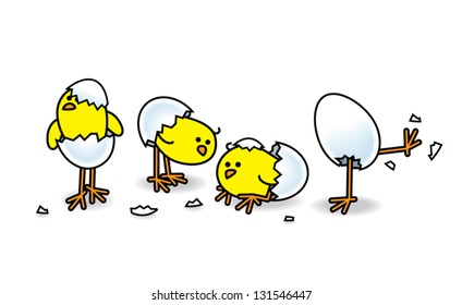 Illustration of Four Easter Chicks Hatching from White Eggs in various stages of Escape on Isolated Background
