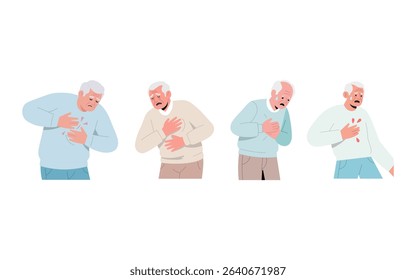 Illustration of four elderly men, each exhibiting distress and clutching their chests, likely depicting symptoms of a heart-related problem.