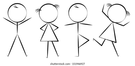 Ilustración de las cuatro figuras bailando sobre un fondo blanco