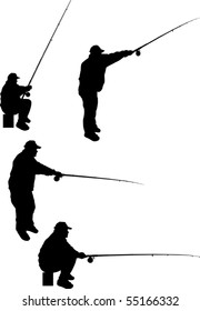 illustration with four fishermen silhouettes isolated on white