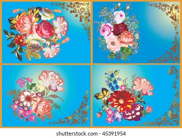 illustration with four flower designs on blue background