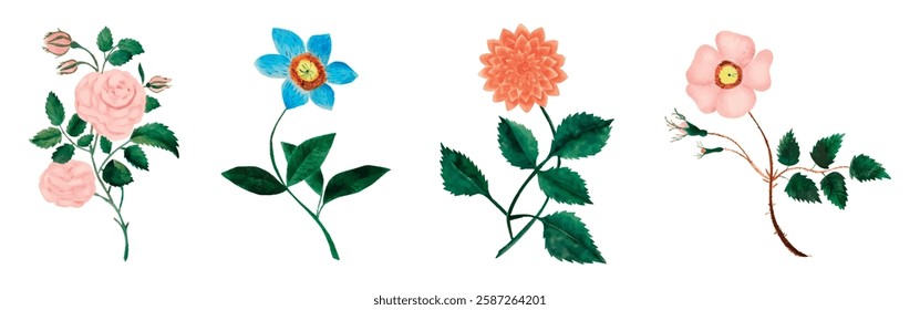 Illustration of four flowers: pink roses, blue flower, orange dahlia, and pink flower. Each flower is detailed with green leaves and stems. Spring flower illustrations, isolated element vector set.