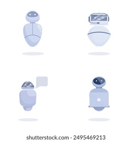 Illustration of four friendly robot characters in various poses on a white background