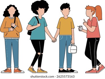 Illustration of four friends walking together, two holding hands, one with a lunchbox, and another with a coffee cup.
