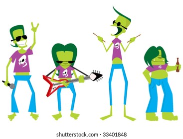 Illustration of four funky guys playing in some kind of rock band