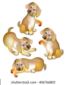 Illustration of four funny puppies, vector cartoon image.