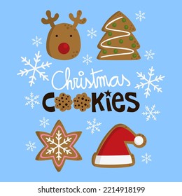 Illustration of a four gingerbread cookies with Christmas shapes and handmade letters