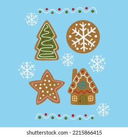Illustration of a four gingerbread cookies with Christmas shapes and handmade letters and snowflakes