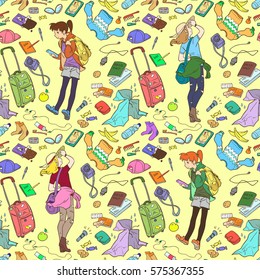 Illustration of four girls with different stuff for traveling. Seamless pattern, colored elements on yellow background.