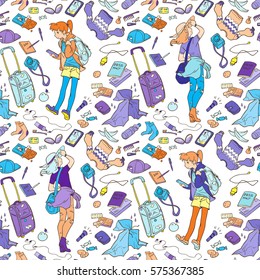 Illustration of four girls with different stuff for traveling. Seamless pattern, elements in yellow, blue and violet colors on white background.