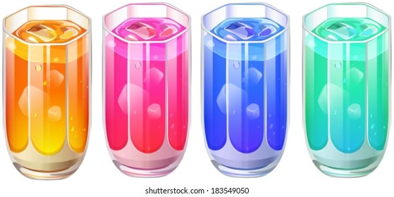 Illustration of the four glasses of cocktail drinks on a white background