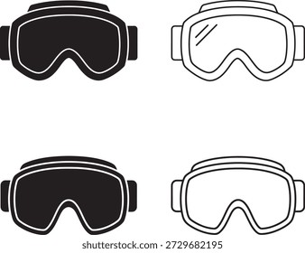 An illustration of four goggles, two with black lenses and two with clear lenses, for skiing and snowboarding