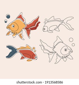 illustration of four goldfish with minimalist line art style and one line art with earth tone. vector