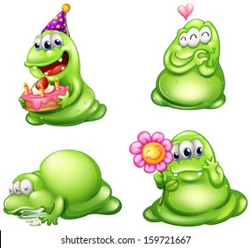 Illustration of the four green monsters with different activities on a white background