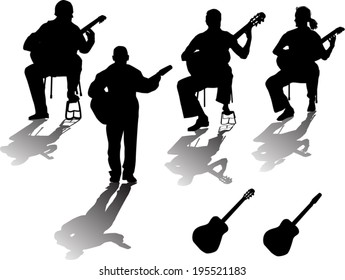 illustration with four guitarists isolated on white background