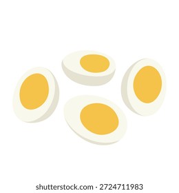 Ilustração de quatro metades de ovos cozidos duros com gemas amarelas sobre fundo branco em uma composição de postura plana.