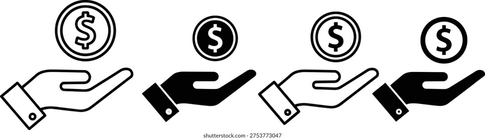 An illustration of four hands pointing towards four dollar coins respectively, symbolizing financial transactions or payments
