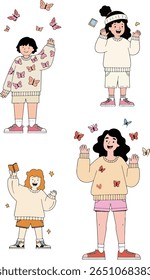 Illustration of four happy girls in sweaters and shorts, surrounded by butterflies and stars, creating a joyful and playful atmosphere.
