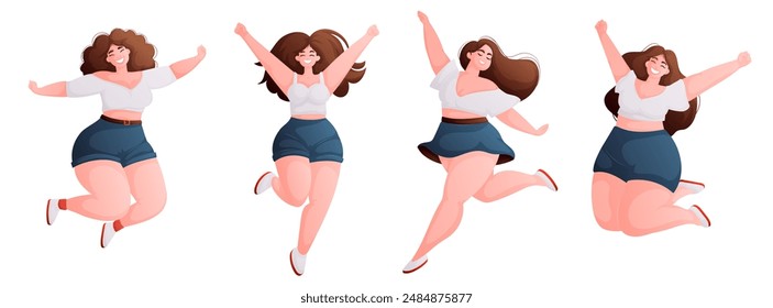 Ilustración de cuatro mujeres felices de talla grande saltando de alegría, celebrando la positividad corporal y la confianza en sí mismas.