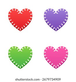 Ilustración de cuatro corazones en diferentes colores degradados rojo, púrpura, verde y rosa aislados sobre fondo blanco. Cada corazón tiene un efecto de borde cosido.